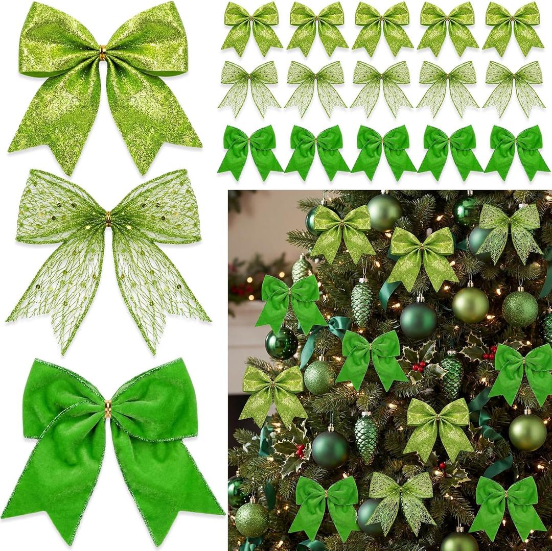36 Pcs Christmas Bows with Twist Ties 6 Inch Velvet Mesh Ribbon Wreath Glitter Bows for Holidays Wreath Christmas Tree Railings Farmhouse Decoration DIY Craft Gift(Green)
