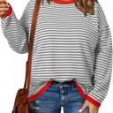 Eytino Plus Size Sweaters for Women Casual Striped Color Block Long Sleeve Round Neck Pullover Jumpers Tops(1X-5X) (Gray)