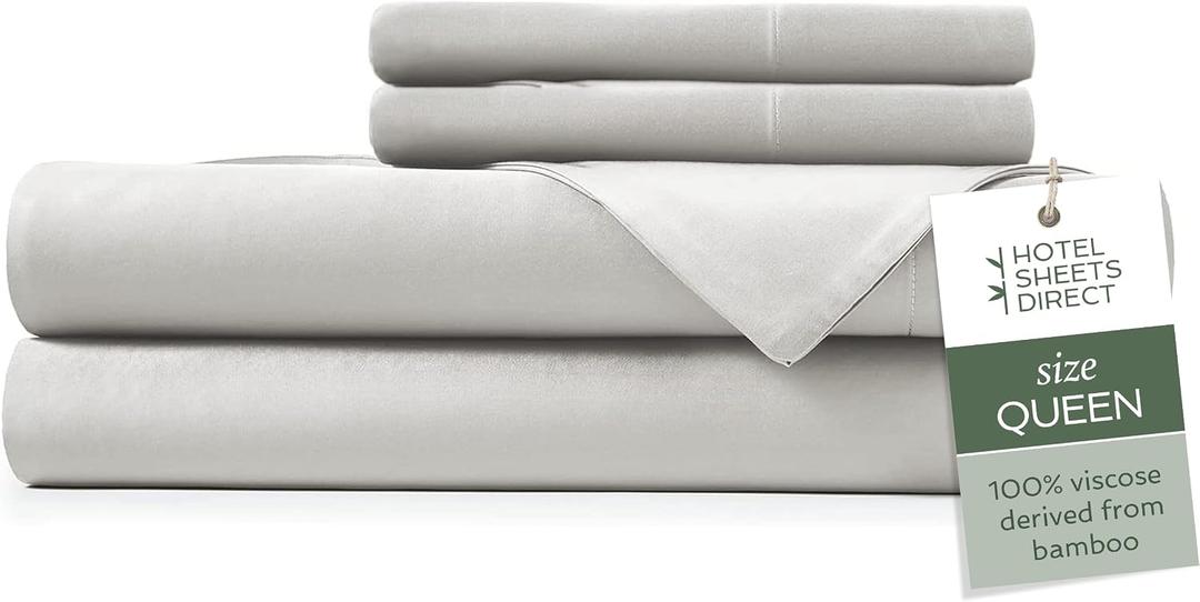 Hotel Sheets Direct 4 Piece Bed Sheet Set Queen Size, 100% Viscose Derived from Bamboo Sheets Set with 2 Pillowcases, Cooling & Breathable Luxury Bedding, Moisture-Wicking & Silky Soft, Light Gray