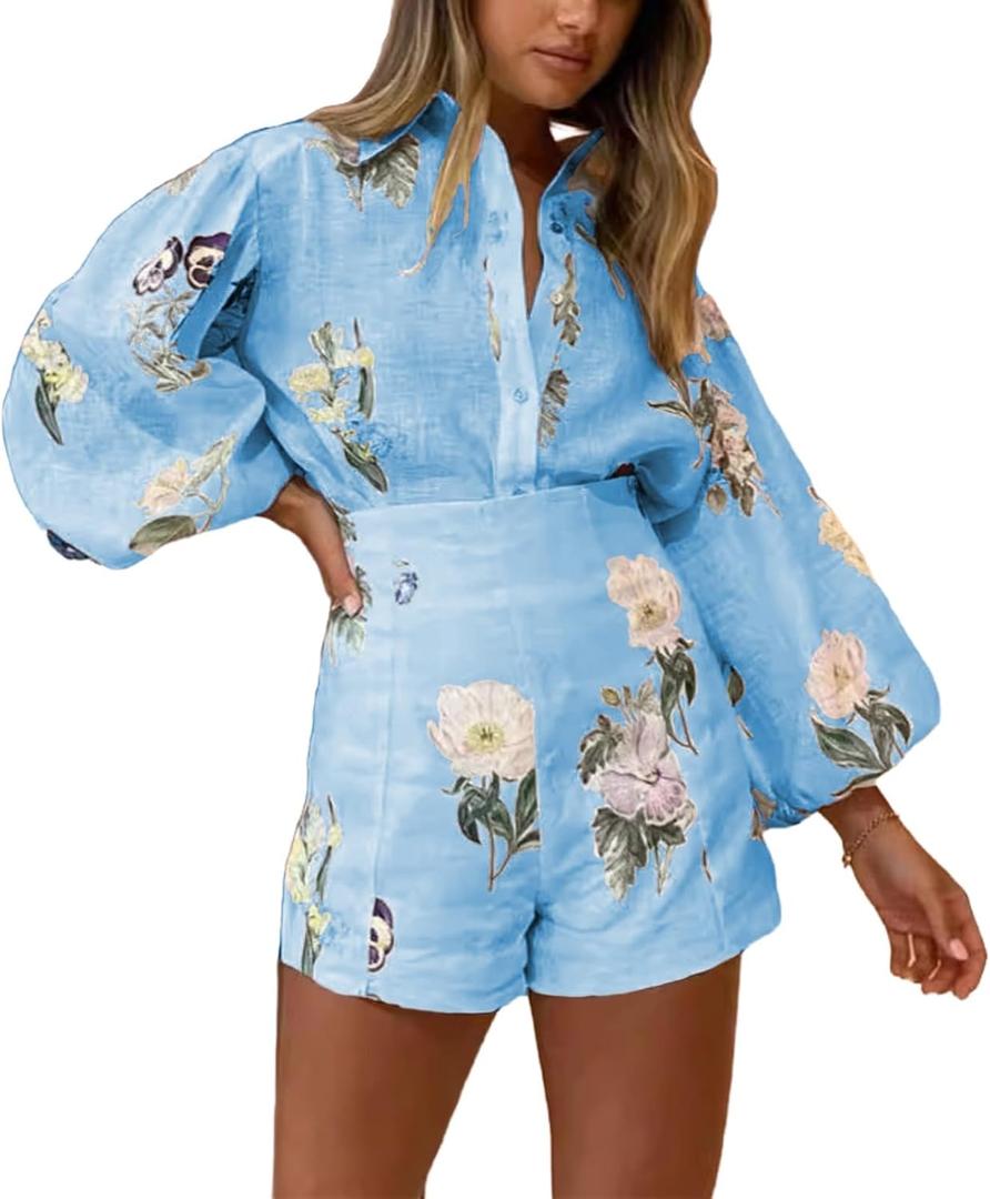 Molilove Womens 2 Piece Outfit Hawaiian Long Sleeve Button Down Shirt Shorts Tracksuit Lounge Set Shorts Set (Small, Blue)