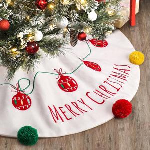 XAMSHOR 32 Inches Christmas Tree Skirt, Embroidered Burlap Xmas Tree Skirt with Colorful Pom Poms, Indoor Outdoor Holiday Decorations, White