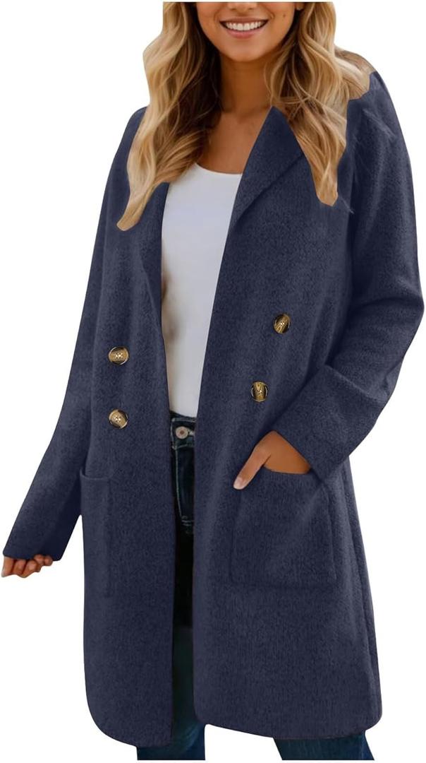 Womens Fall Winter Wool Coats Double Breasted Midi Peacoat Trench Coats Navy XL
