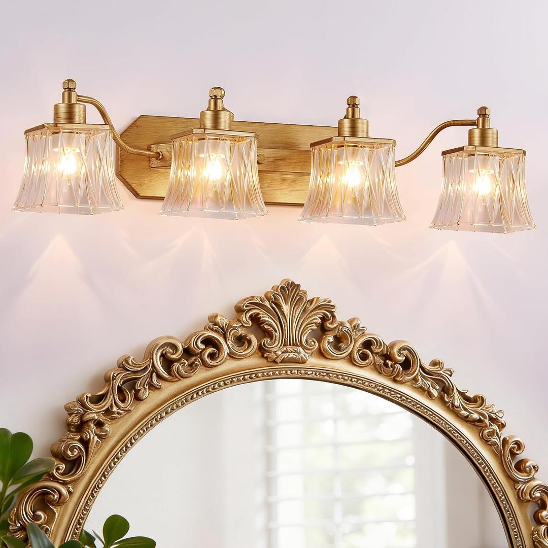 Gold Bathroom Light Fixtures, 4-Light Bathroom Vanity Light with Crystal Glass Shade, Matte Antique Gold Finish Vintage Vanity Light, Brushed Gold Vanity Lights for Bathroom, Bedroom, Hallway