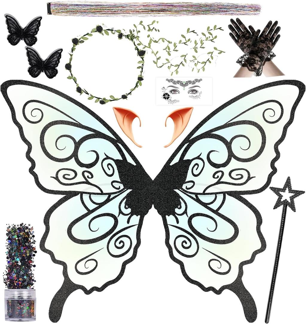 Fairy Wings for Adults Women Fairy Costume Set with Butterfly Hair Clips Lace Gloves Elf Ears Halloween Cosplay 13PCS (Black)