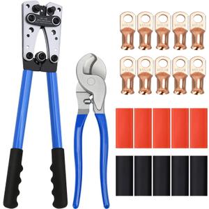 Cable Lug Crimping Tool Set, with 10pcs 1/0 AWG-3/8 Battery Lugs and 10pcs 3:1 Heat Shrink Tubing