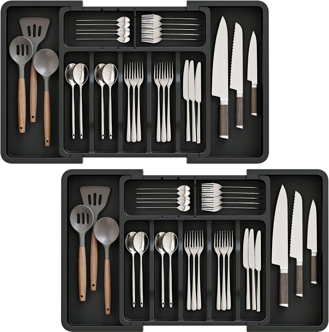 2 Pack Silverware Organizer, Expandable and Adjustable Kitchen Utensil Drawer Organizer, Plastic Cutlery Holder with Multiple Compartments,Cutlery Holder,for Spoons Forks Knives,Black,UAFD012B