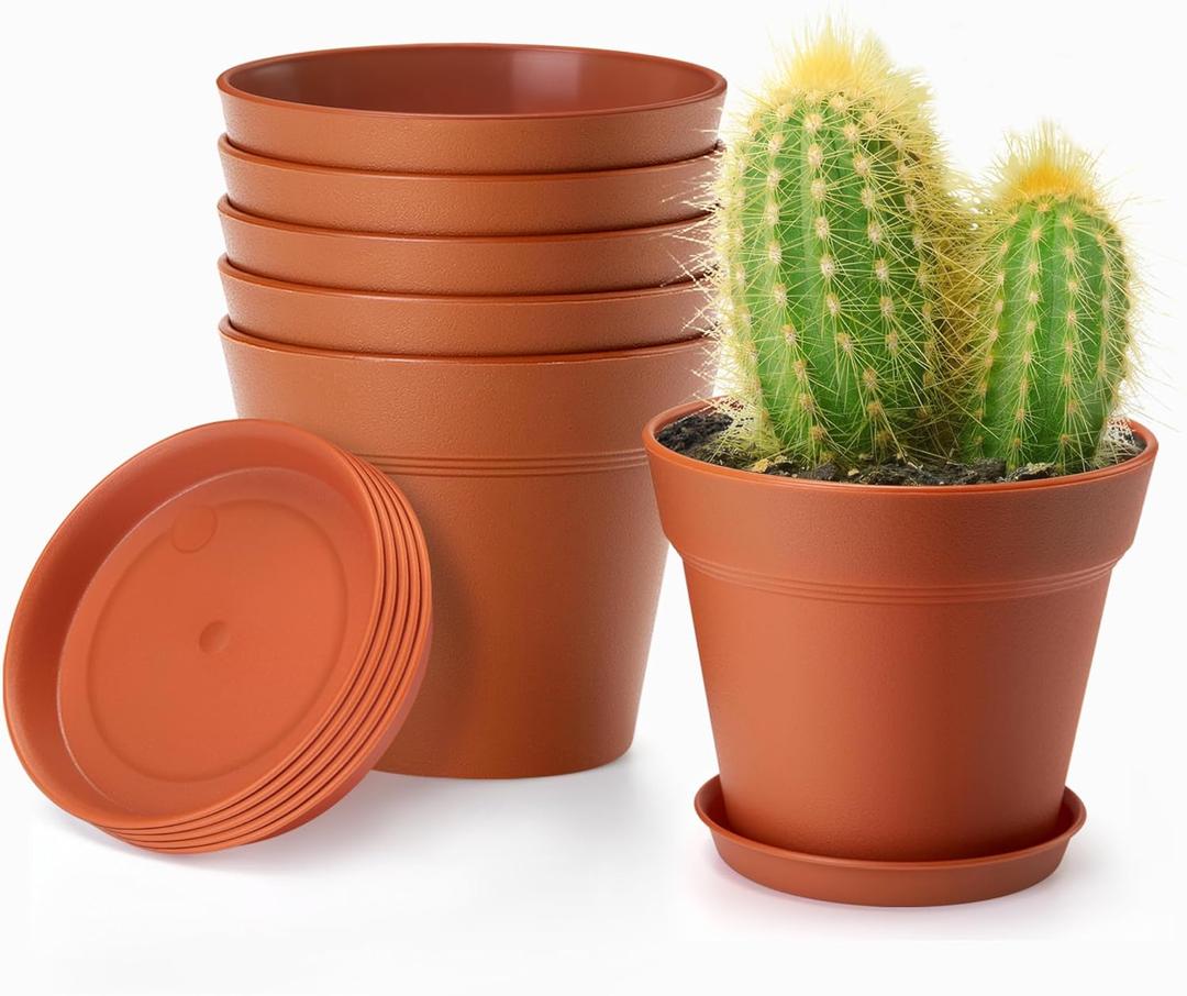 4 Inch Plastic Plant Pots 6 Pack, Small Flower Pots with Drainage Holes and Tray, Thickened Indoor Planters Seedlings Nursery Pots, African Violet, Succulent and All House Plants, Terracotta