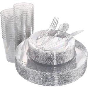 WDF 150pcs Silver Plastic Plates Disposable - Winter Wonderland Party Decorations include 50 Dinner And Salad Plates,25 Forks, 25 Knives, 25 Spoons& 10oz Plastic Cups