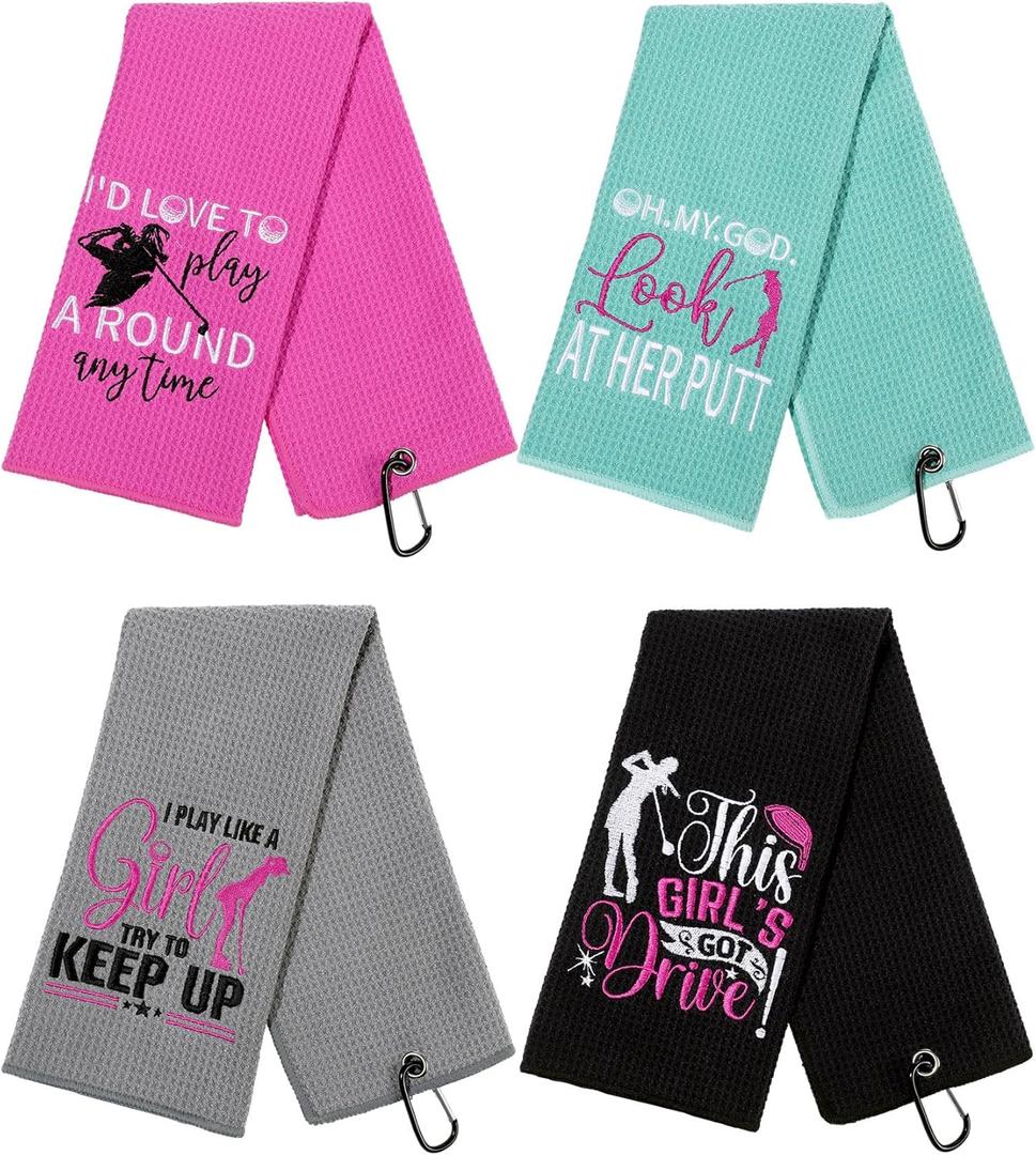 Hosuly 4 Pcs Funny Golf Towel Microfiber Embroidered Golf Ball Towels for Golfbags with Clip Golfclub Men Women Birthday Gifts for Golfball Fan Retirement Present 24 x 16 Inch