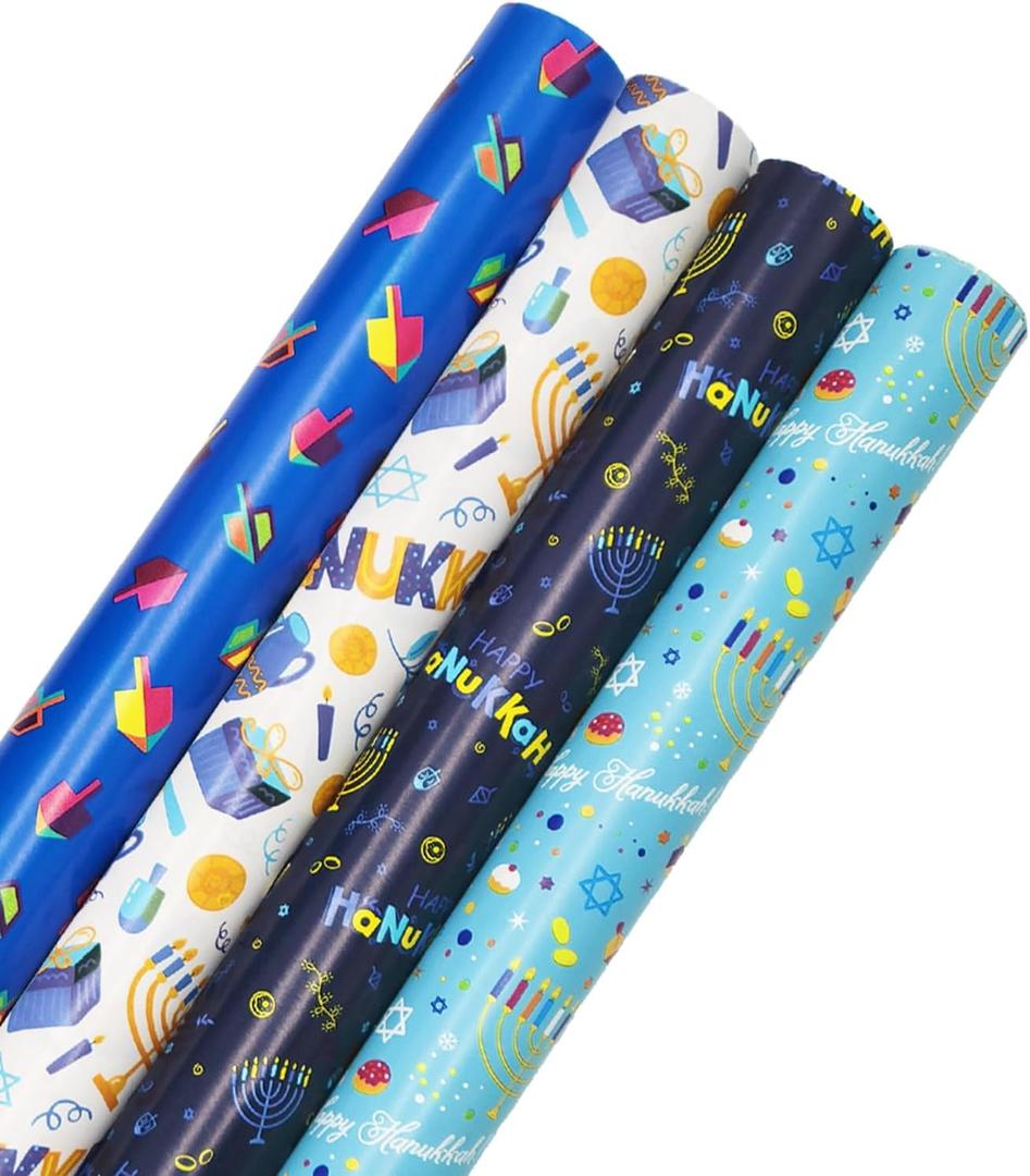The Dreidel Company Happy Hanukkah Gift-Wrap Chanukah 17.5" Inches X 180" Inches .15' Feet Each Roll, 4 Roll Variety Pack