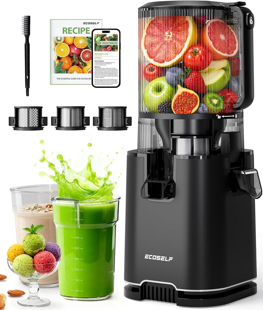 ECOSELF 3-in-1 Juicer with 3 Filters (Juice/Sorbet/Nut Milk), 6.0" Wide Mouth Hopper, Juicer Machines With Self Feeding & Hands-Free, Cold Press Juicer for Family Party, High Juice Yield, With Brush