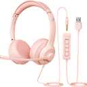 JIAMQISHI USB Headset with Microphone for PC, On-Ear Computer Laptop Headphones with Noise Cancelling Mic in-line Control for Home Office Online Class Zoom (USB+3.5mm, Pink)