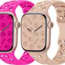 2 x 2 Pack Silicone Bands Compatible with Apple Watch 40mm 38mm 44mm 45mm 41mm 42mm 49mm Women, Hollow-Out Dog Paw Design Waterproof Sport Strap for iWatch Series 10/9/8/SE/7/6/5/4/3/2/1 (Hot Pink+Milk Tea)