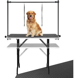 LEIBOU 45'' Height Adjustable(23''~33.8'') and Foldable Pet Dog Grooming Table Heavy Duty Iron Frame with H-Shape Grooming Arm & 3 Noose, Maximum Capacity Up to 260lbs, Black