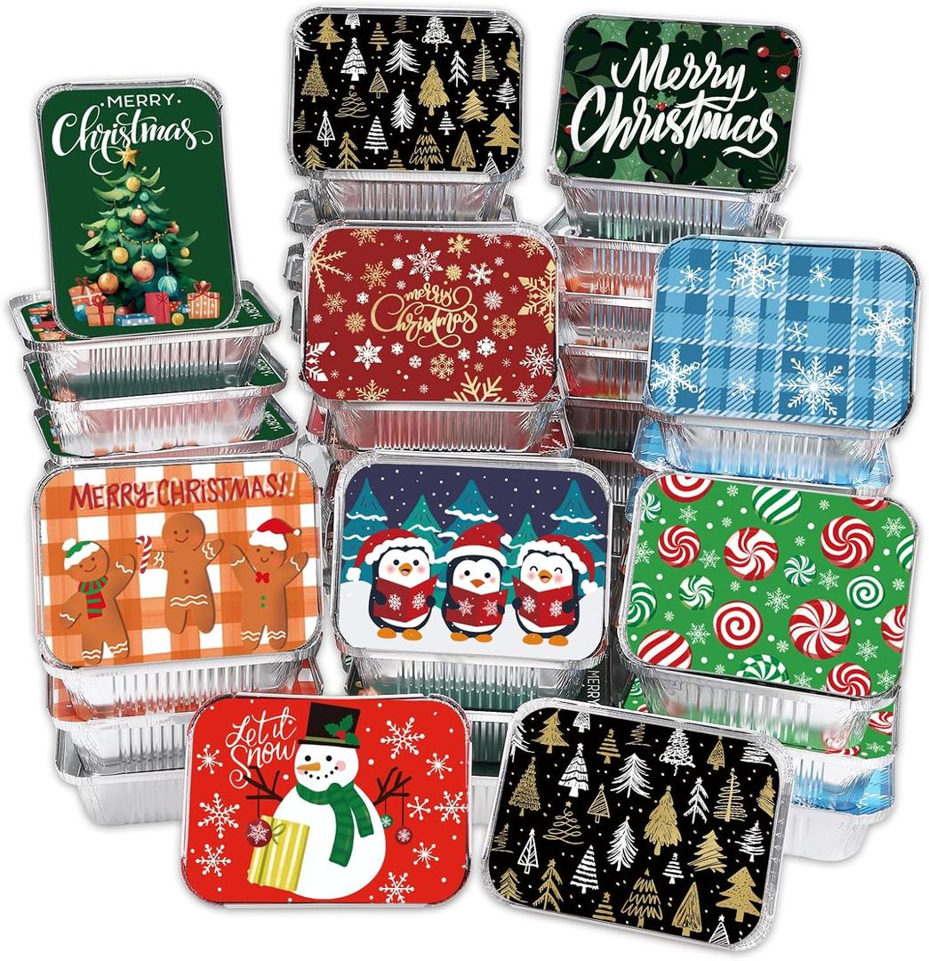 36PCS Christmas Foil storage Containers 9 Styles Merry Christmas Disposable Leftover Food Containers with Lids Aluminum Cookie Tin Pans for Winter Holiday Gift Giving Party Supplies(Style B) (Multicolor)