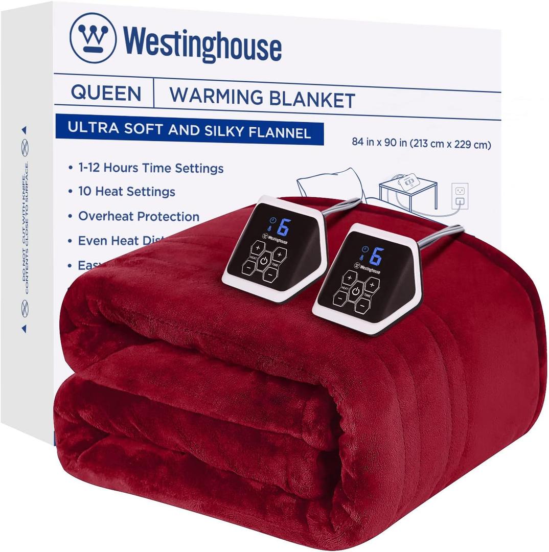 Westinghouse Queen Size Electric Heating Blanket - 10 Levels, Auto Shut Off, Fast Heating - Machine Washable (Queen, 84x90 Inches, Wine Red)