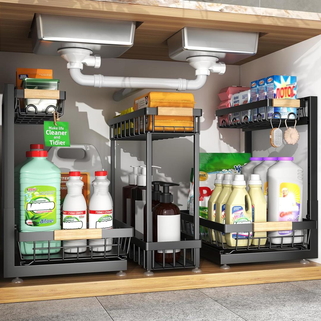 Sevenblue 3 Pack Under Sink Organizer, Height Adjustable 2 Tier Pull-Out Metal Under Kitchen Sink Organizer, Multi-Purpose Storage Shelves for Kitchen Bathroom Cabinet