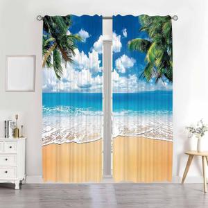41x84Inch Polyester Hawaiian Seaside Palm Tree Curtain Tropical Ocean Beach Rod Pocket Window Treatment Drape Blue Sky Cloud Seawater Wave Print Bedroom Living Room Home Decor 2 Panels