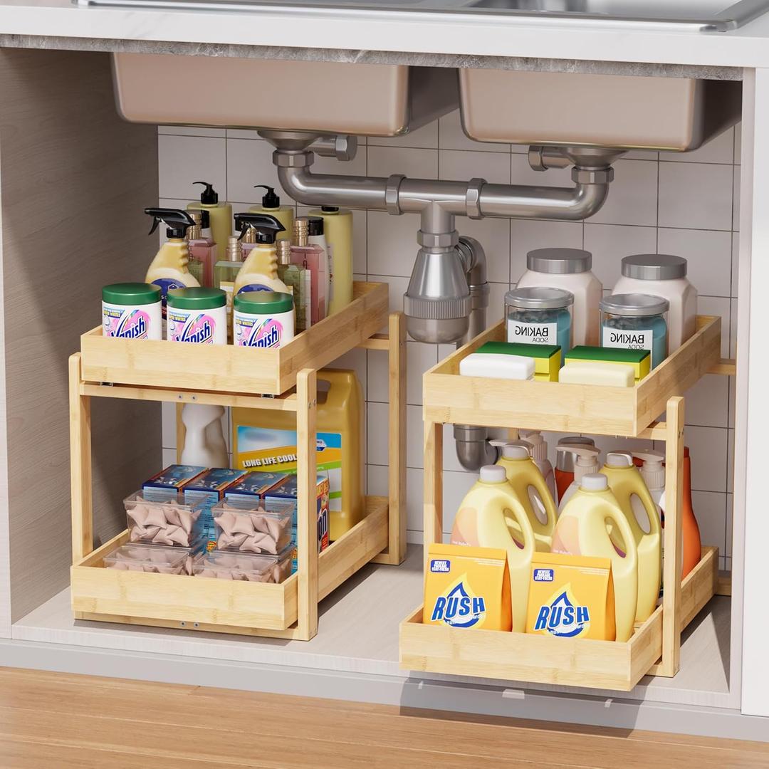 Bamboo Wood Under Sink Organizer 2 Pack, Pull Out Cabinet Organizer 2 Tier Under Sink Organizers and Storage with Sliding Drawer Sturdy Easy Assembly for Kitchen Bathroom Undersink, Natural