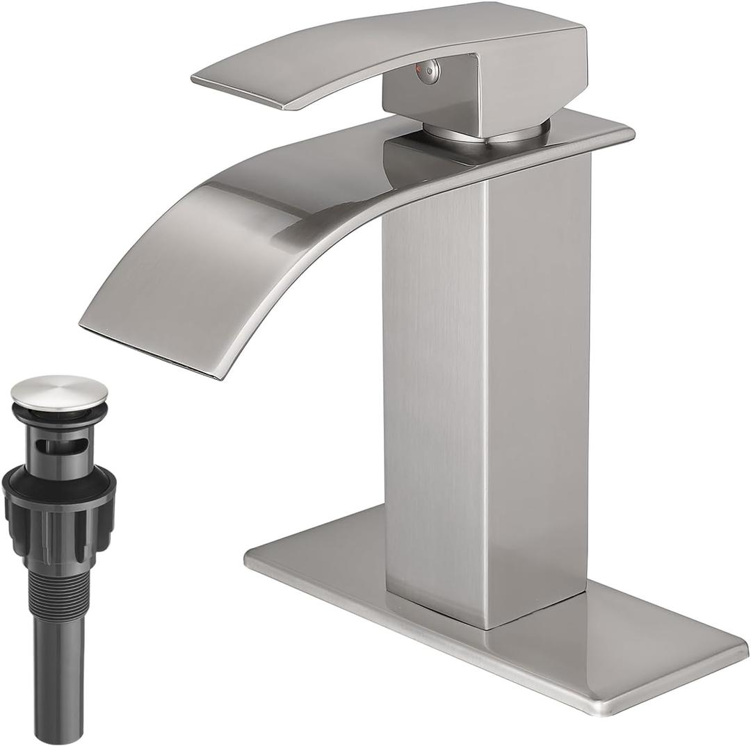VOTON Waterfall Bathroom Faucets Brushed Nickel Modern Single Handle Sink Faucet for 1 or 3 Holes with Deck Plate and Pop-Up Drain, Rv Sink Camper Farmhouse Faucet (Regular version: 7.5 inches in height)
