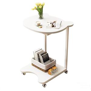 Side Table with Wheels,C Shaped White End Table,Small Side Table for Couch Sofa Table,Round Coffee Table,Mobile Standing Desk,Tall Tv Tray Table for Living Room,Bedroom,Metal Frame