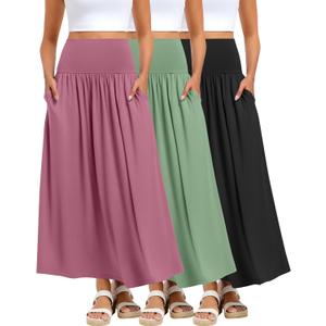 Ficerd 3 Pack Maxi Long Skirts for Women, Ankle Length High Waisted Pleated Flowy A Line Summer Casual Skirts with Pockets (Medium, Purple Pink, Mint Green, Black)