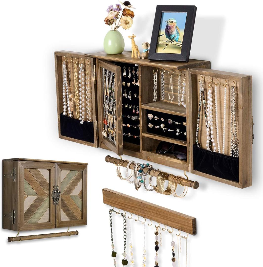 ikkle Wooden Jewelry Organizer Wall Mounted, Hanging Jewelry Holder with Removable Bracelet Rod and Hooks for Necklaces Earrings Bracelets Rings, Brown