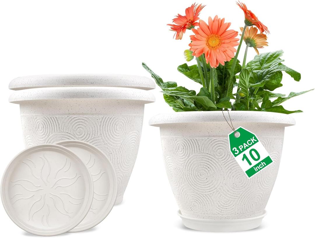 Plastic Flower Pots Planters For Indoor Plants, 4 Pack 10 Inch White Plant Pots With Drainage Hole & Tray, Modern Decorative Large Plant Pot With Saucer For Indoor Outdoor Plants Garden House Planter