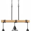 3 Light Farmhouse Kitchen Island Lighting,Dining Room Light Fixture,Adjustable Height Pendant,Real Wood and Black Metal Cage Chandelier for Kitchen,Dining Room