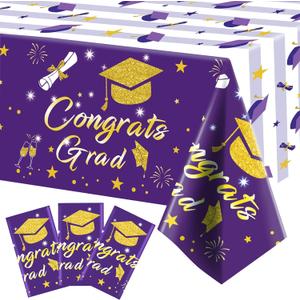 Graduation Tablecloth Party Decorations 2025, 3 Pack Purple Large Size 54"x108" Congrats Grad Disposable Rectangle Table Covers Plastic Table Cloth for College High School Class of 2025 Party Supplies