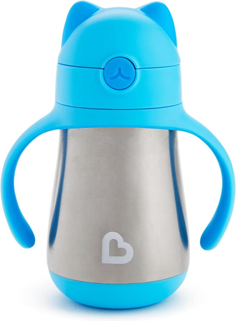 Munchkin Cool Cat Sippy Cup with Straw for Toddlers, Stainless Steel Straw Cup, 8 Ounce, Blue