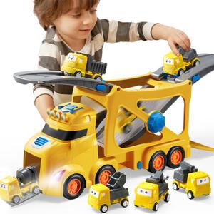 Extra Large Toy Trucks for Toddlers, 3-Layer Construction Trucks for 2 3 4 Year Old Boys, 7-in-1 Big Transport Vehicle Carrier Truck with Siren & Lights and 6 Toy Cars, Birthday Gifts for Boys Kids