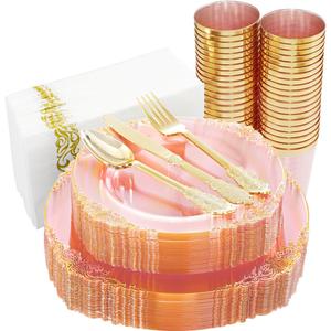 Hioasis 175pcs Clear Pink Plastic Plates - Elegant Disposable Dinnerware Set Suitable for 25 Guests Include 10.25" Dinner & 7.5" Dessert Plates, Pre Rolled Silverware Set, Cups for Party & Wedding