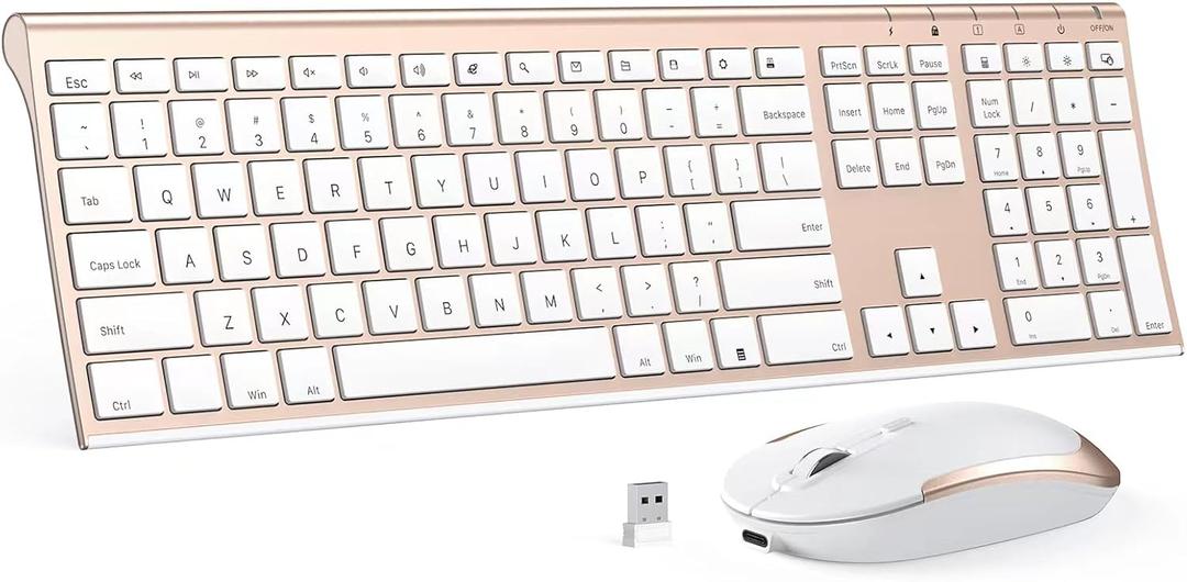 Wireless Keyboard and Mouse Combo, 2.4GHz Ultra-Slim Aluminum Rechargeable Keyboard with Whisper-Quiet Mouse for Windows, Laptop, PC, Desktop - White Gold