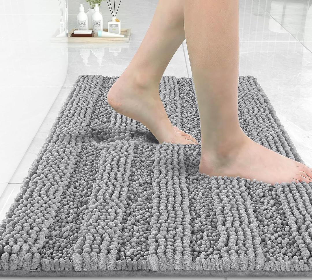 Yimobra Bathroom Rug Mat 32 x 20, Non Slip and Super Absorbent Bath Mat,Machine Washable Quick Dry,Ultra Plush Chenille Shower Rugs for Bathroom Floor Sink Tub and Shower Outside,Light Grey