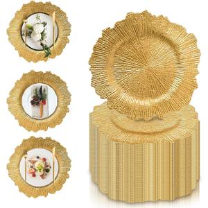 PROY 50 Pcs Gold Charger Plates Bulk, 13" Gold Reef Charger Plates for Wedding, Thanksgiving, Christmas, Plastic Chargers for Dinner Plates, Coral