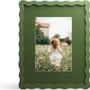 8x10 Picture Frame with Mat for 5x7, Wavy Edge Wooden Real Glass Photo Frame for Tabletop and Wall Hanging, Green, 1 Pack