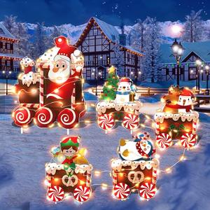5 Pcs Christmas Train Decorations Yard Signs with Led Lights, Outdoor Lighted Christmas Yard Train Christmas Outdoor Train Decorations for Xmas Holiday Garden Lawn Yard Decorations