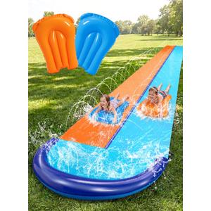 Sloosh 32.5FT Double Water Slides, Heavy Duty Lawn Slide with Sprinkler and 2 Inflatable Boards Backyard Yard Lawn Summer Outdoor Water Toy for Kids Adults