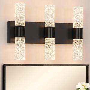 Modern Vanity Light, 6-light Black LED Vanity Light Fixture, Crystal Bathroom Lighting Fixtures over Mirror, Wall Lighting Fixtures for Bath, Wall Sconce for Bedroom Living Room, 27W Warm White
