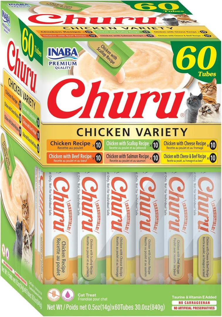 INABA Churu Cat Treats, Grain-Free, Lickable, Squeezable Creamy Pure Cat Treat/Topper, 60 Servings, Chicken Variety Box (0.5 Ounce (Pack of 60)), BB Date: 11/08/2025