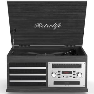 Vinyl Record Player 10-in-1 Music Center Turntable Built-in Speakers Support 3 Speed BT Wireless Input/Output AM/FM Radio CD Tape Cassette Player Aux RCA Auto Stop Vinyl Recording to USB/TF Card Black