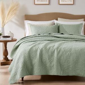 palassio Sage Green Paisley 100% Cotton Quilt California Cal King Size Bedding Sets with 2 Pillow Shams, Oversized Boho Farmhouse Vintage Soft Bedspread Shabby Chic Coverlet for All Season, 3 Pieces (California King, Paisley-sage Green)