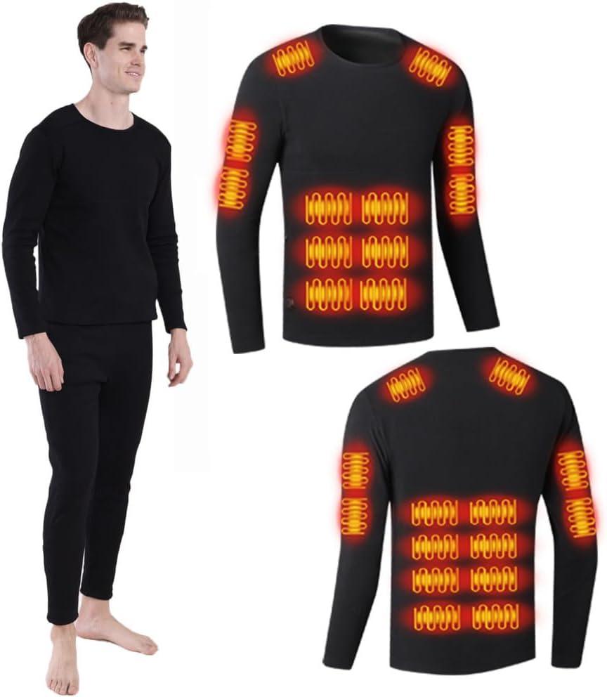 Heated thermals men USB Charge 26 Zone Intelligent Heated Skiing Thermals top Fleece lining mens thermal long sleeve shirt,for winter outdoor Work motorcycles Extremely cold weather & Black/2XL