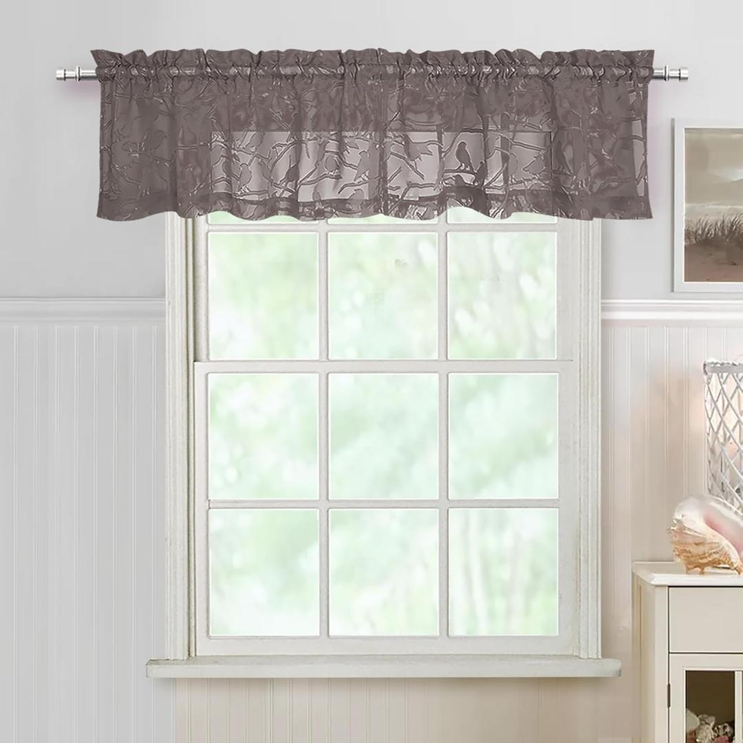OVZME Anji Bird 2 Panels Sheer Kitchen Valances for Windows 14 Inches Long, Classic Rod Pocket Light Filtering Semi Brown Sheer Curtains for Bedroom Basement Short Window, 38Wx14L Inches