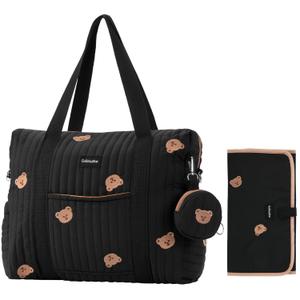 GOBABYMART 3pc Diaper Bag Tote Set, Hospital Bag for Labor & Delivery, Maternity Travel Bag with Changing Pad & Pacifier Case (Medium - Black Bears)