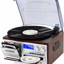 Record Player for Home with Bluetooth Receiver & Transmitter, 9-in-1 Vintage Turntable System, 3-Speed Vinyl, CD/Cassette, USB/SD, AM/FM Radio, Built-in Speakers, RCA Line Out & Remote Control