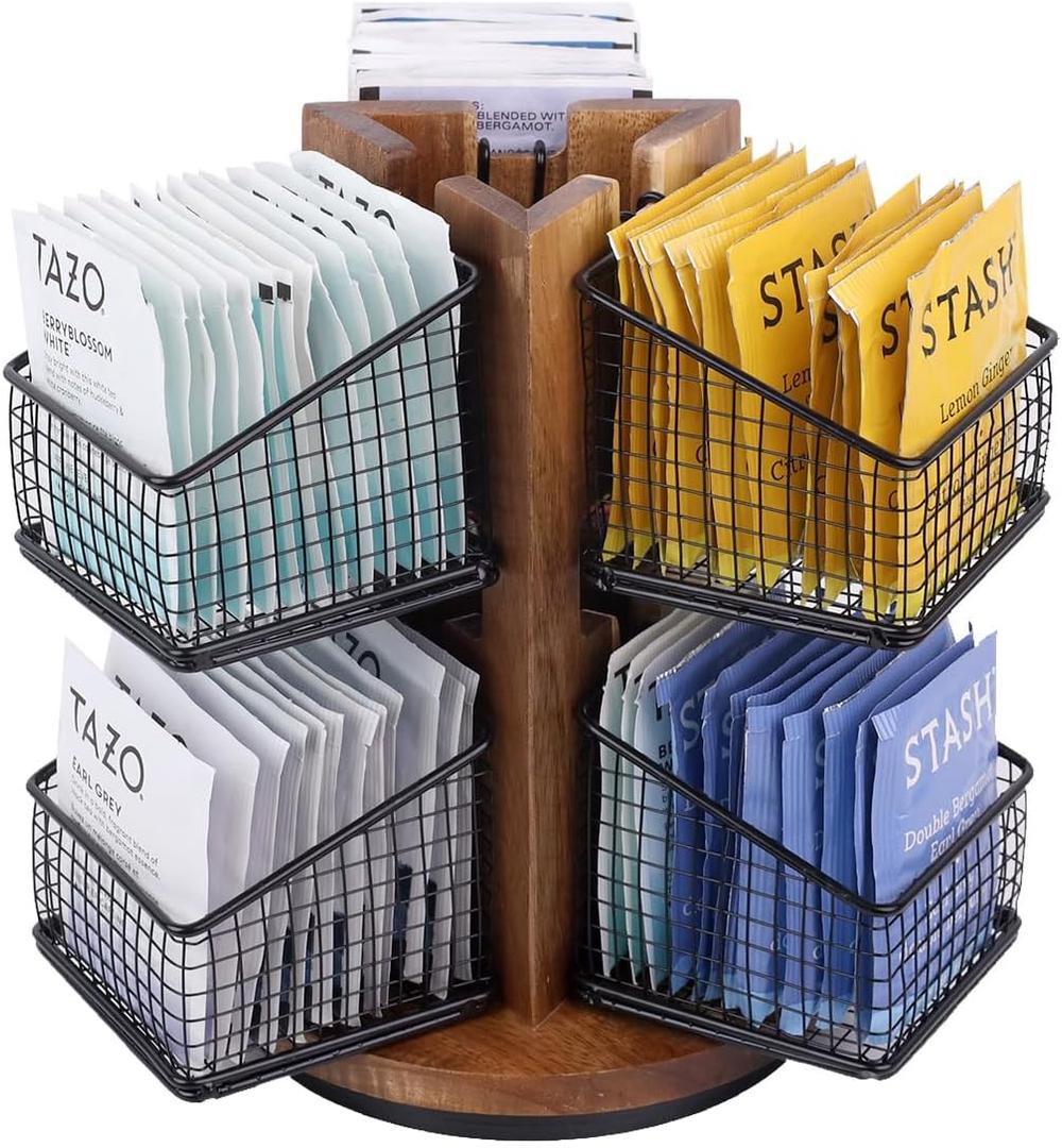 HTB Carousel Tea Bag Organizer for Counter, 2 Tier Tea Bag Holder with 6 Removable Tea Baskets and Acacia Wood Station, Tea Organizers and Storage for Cabinet, Countertop (OGB-140)