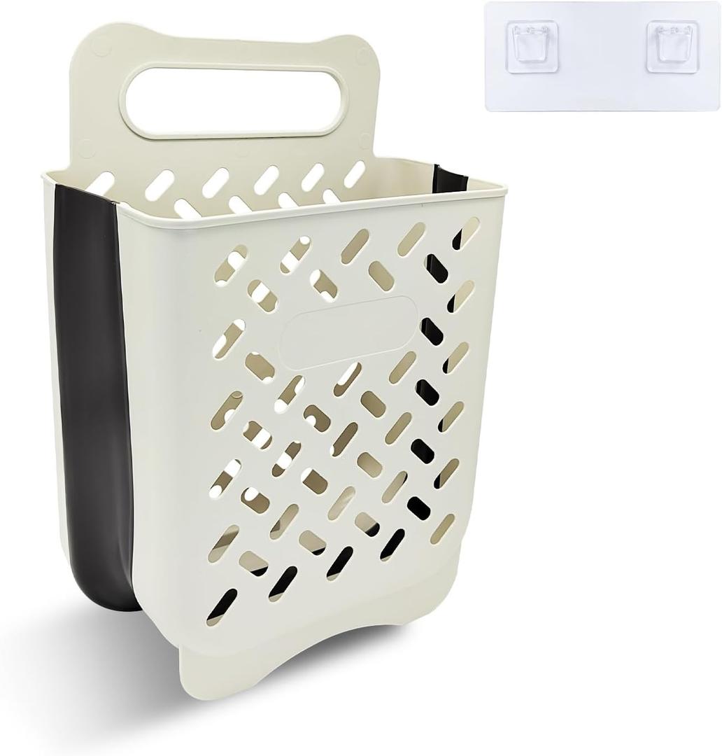 MutiValue Laundry Hamper, Plastic Collapsible Laundry Basket, Portable Wall-Mounted Dirty Clothes Hamper with Hook Space-Saving Foldable Laundry Basket for Room Storage & Organizing (White L)