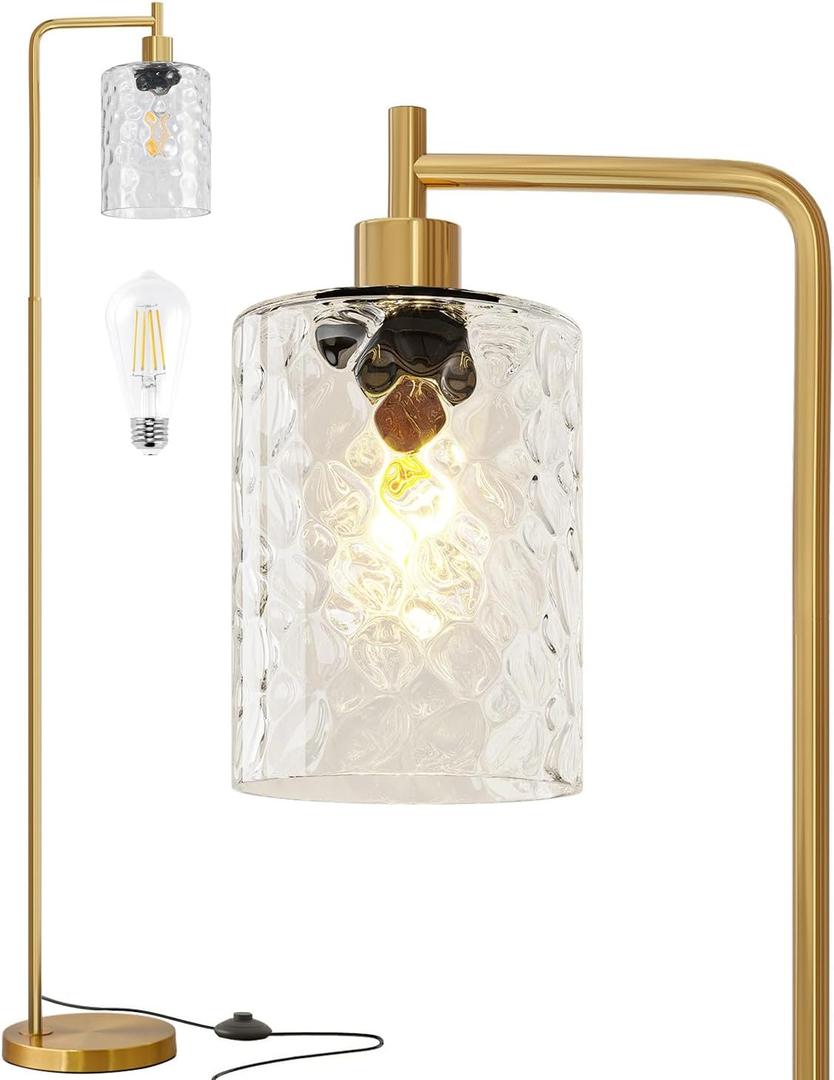 Oneach 66" Gold Floor Lamp for Living Room, Industrial Floor Lamp with LED Bulb, Glass Shade, Foot Switch, Morden Tall Farmhouse Standing Lamps for Bedroom, Office, Study Room